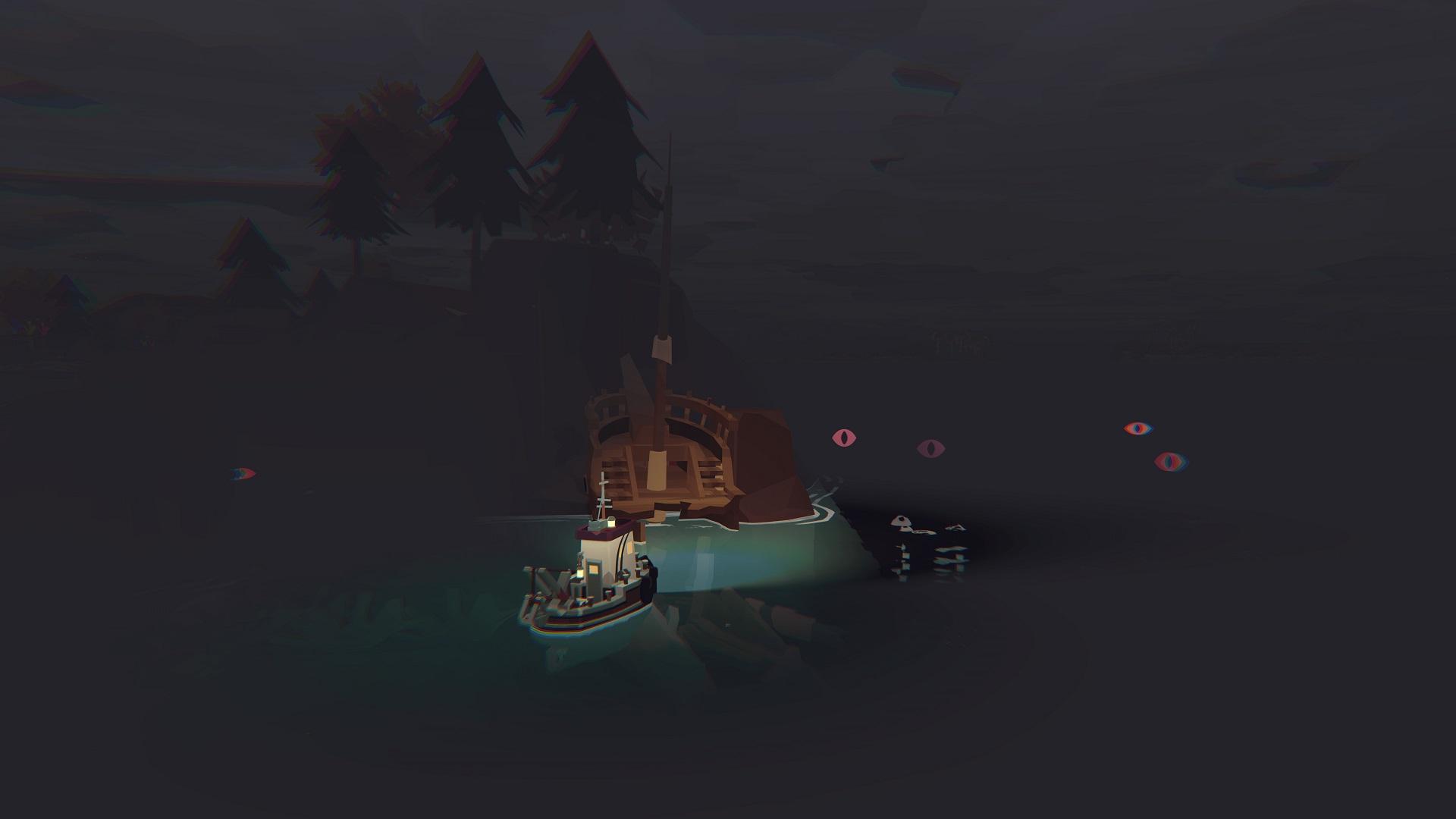 'Dredge' A boat surrounded by red eyes nearby a shipwreck at night.