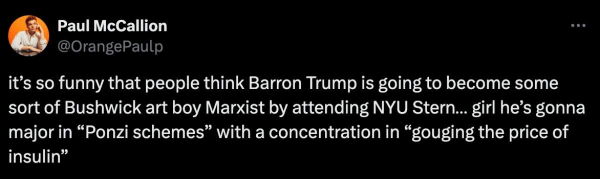 Tweet about Barron Trump coming to NYU.