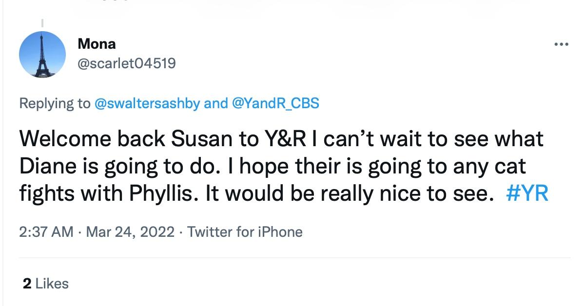 A tweet about Susan Walters's return