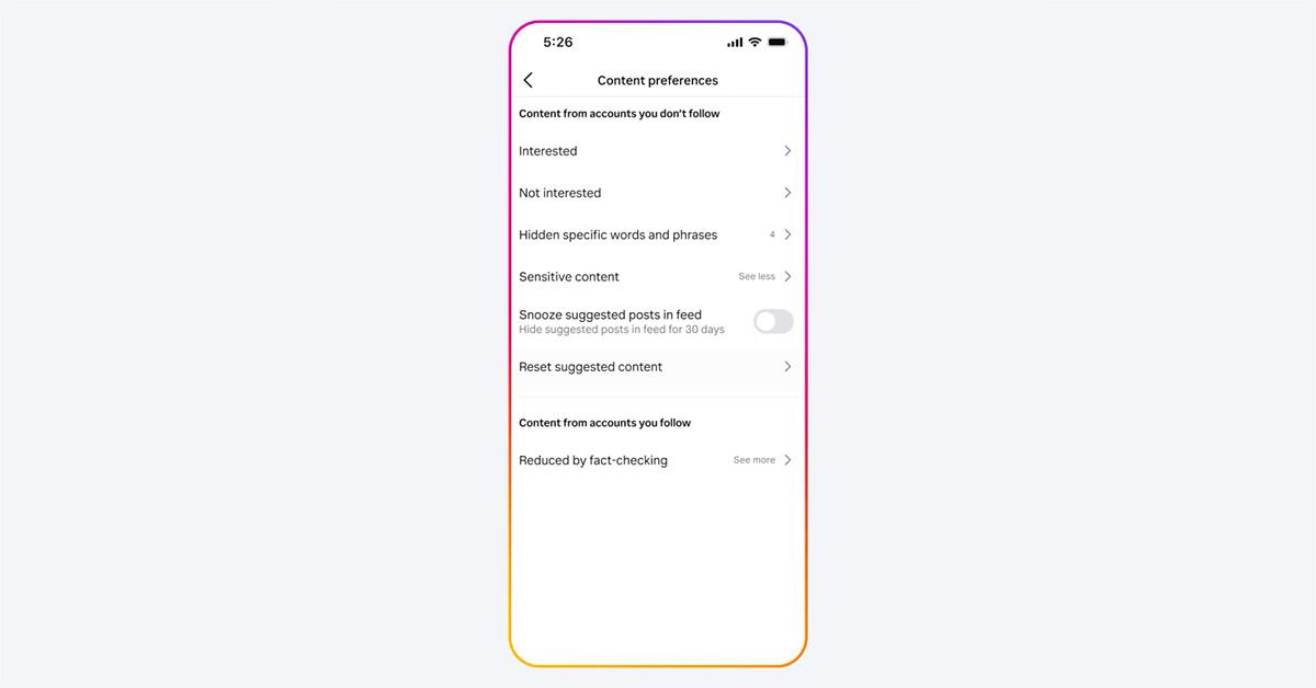 The Content preferences screen on the Instagram app. 