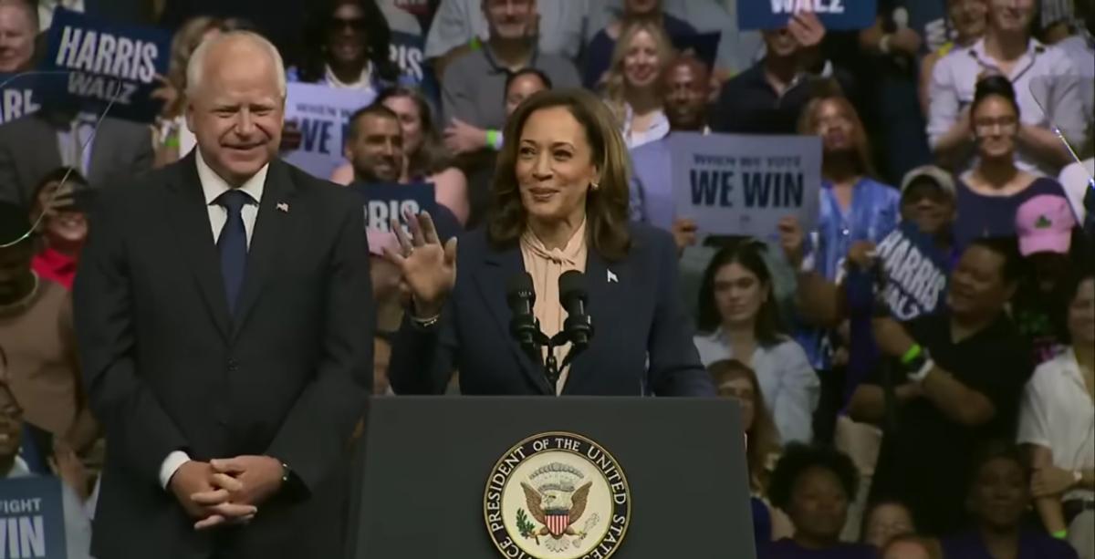 Tim Walz and Kamala Harris at a Temple University address