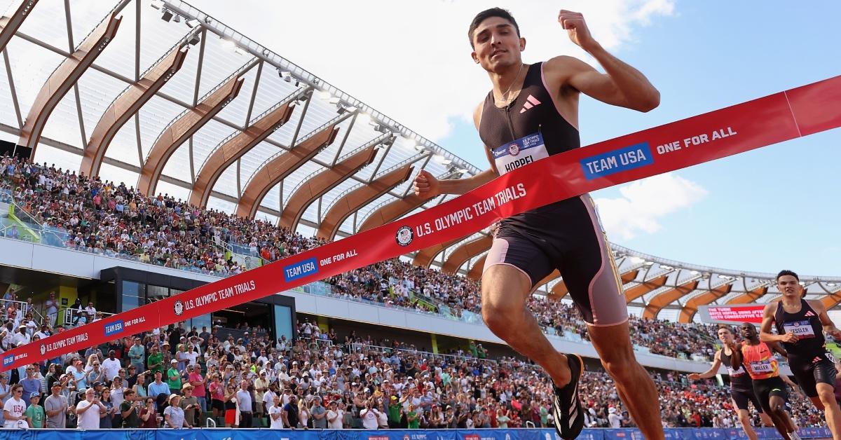 Bryce Hoppel crosses the finish line to win the men's 800 meter final on Day Ten of the 2024 U.S. Olympic Team Track & Field Trials.