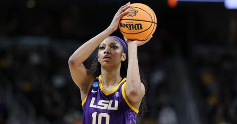 Angel Reese shoots the ball during the game against the Iowa Hawkeyes in the NCAA Women's Basketball Tournament on April 1, 2024.