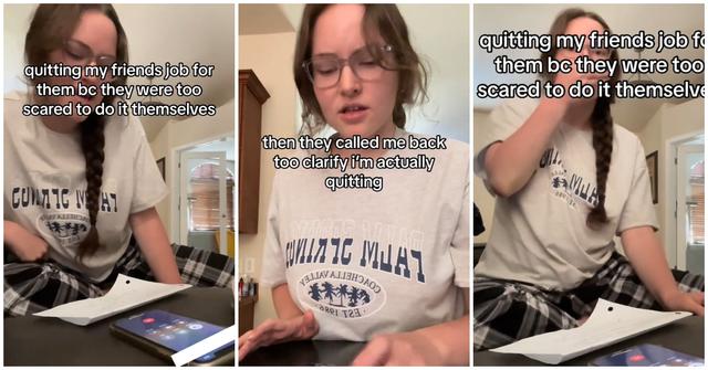 (l-r): Woman quitting her friend's job for her