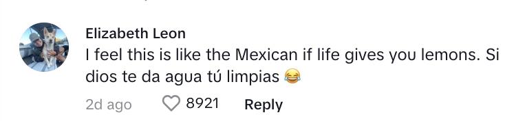 Comment that says: "“I feel this is like the Mexican if life gives you lemons. Si dios te da agua tú limpias.”