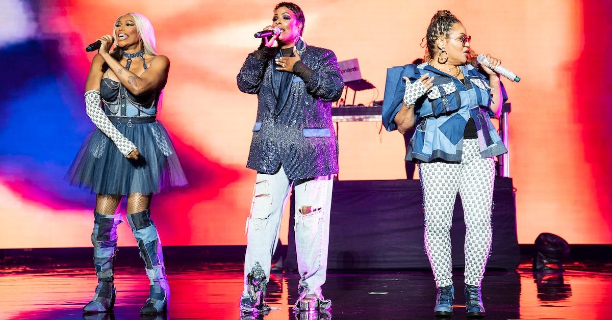 Sandra "Pepa" Denton, DJ Spinderella and Cheryl "Salt" James of Salt-n-Pepa perform on day 3 of the 2023 ESSENCE Festival Of Culture