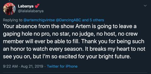 A person on Twitter comments on Artem leaving 'DWTS' in 2019.