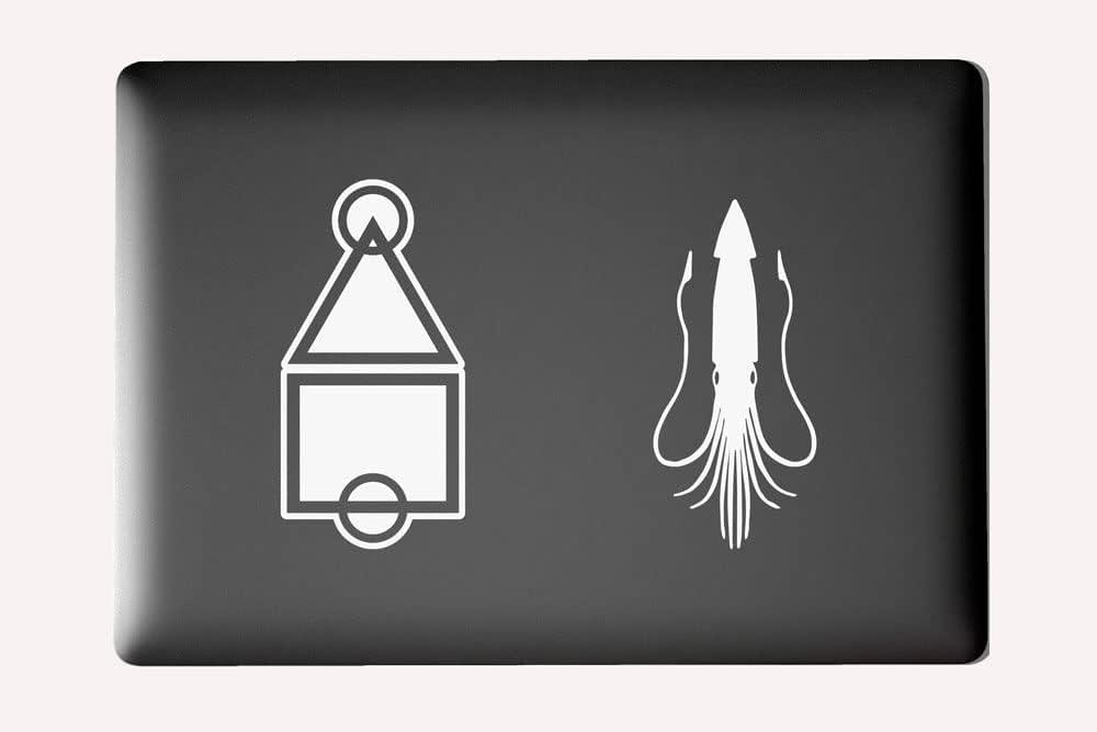 Two vinyl stickers, one with two circles, a triangle, and a square, and another of a squid.