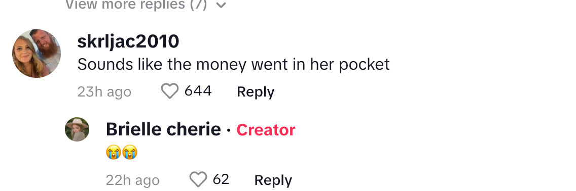 A commenter on TikTok about bank teller stealing money