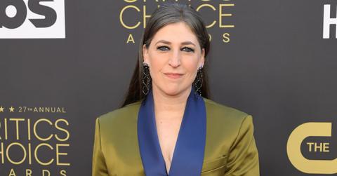 Mayim Bialik wearing a blue and