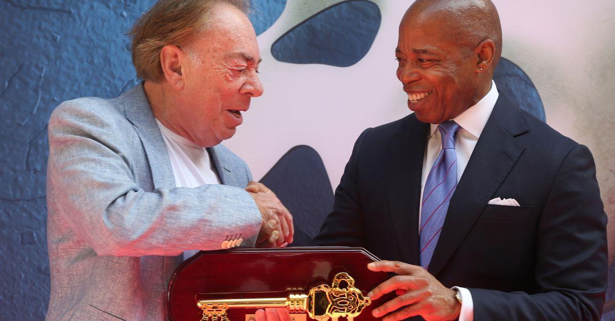 Andrew Lloyd Webber and New York City Mayor Eric Adams during a ceremony as Composer Sir Andrew Lloyd Webber is given the key to the city