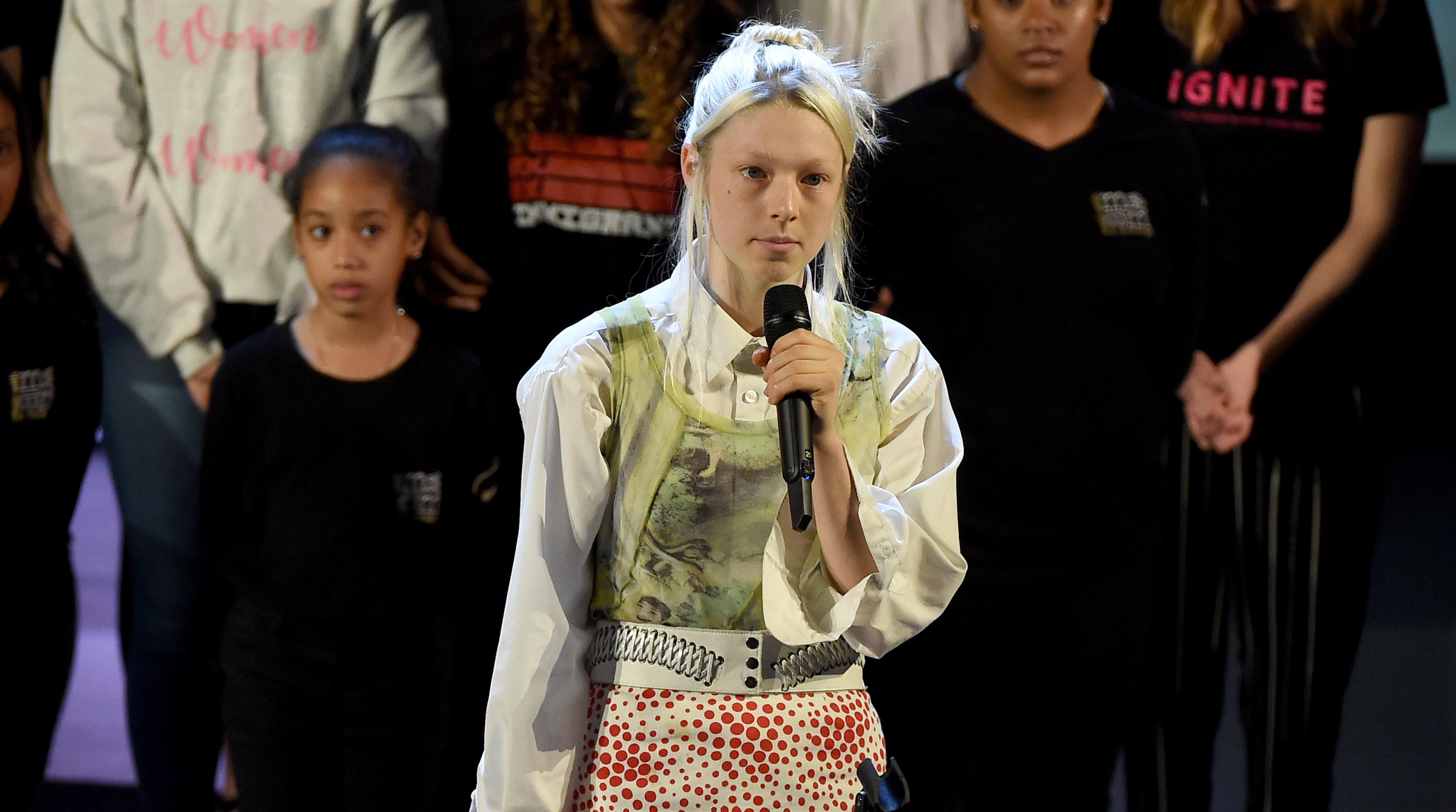 Hunter Schafer speaking at an event.