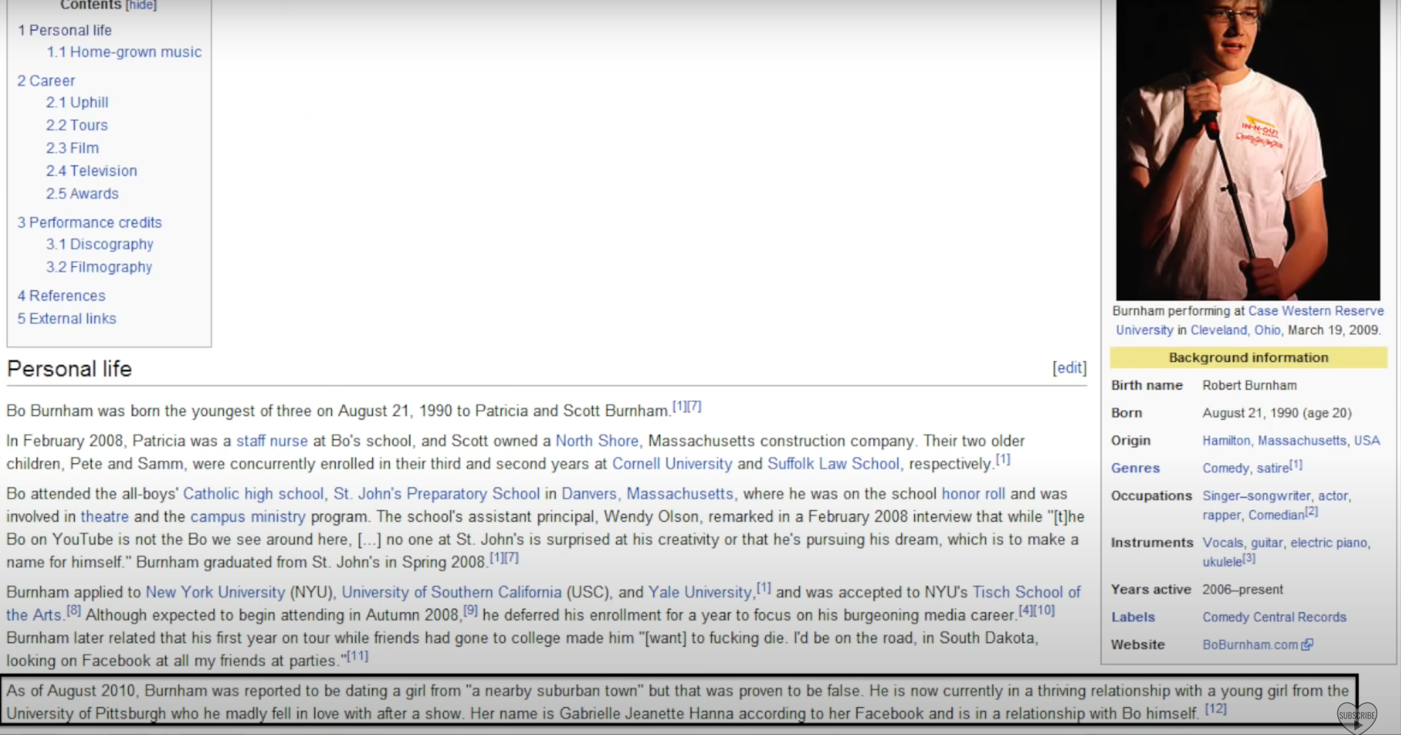 A screenshot of Bo's Wikipedia page from Gabbie's YouTube video