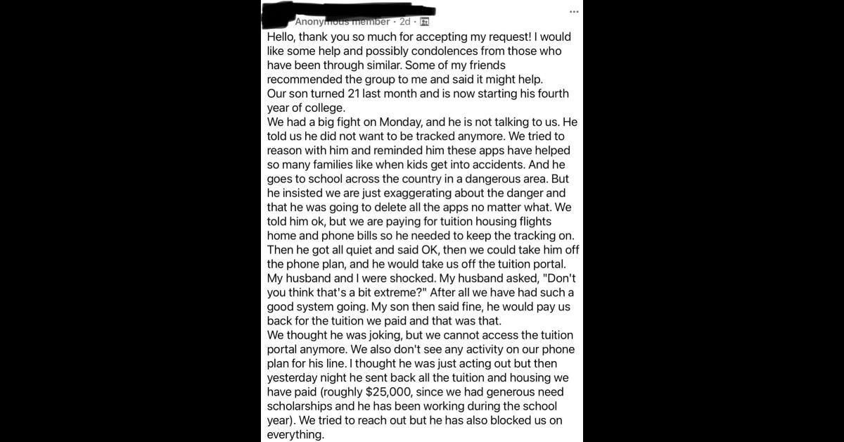 College Mom Freaks Out 21/y.o. Son No Longer Wants to Be Tracked