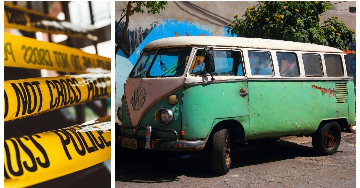 (L-R): Police line do not cross tape; green VW van