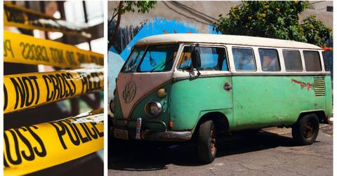 (L-R): Police line do not cross tape; green VW van