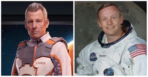 Lance Armstrong and Neil Armstrong both sporting astronaut uniforms