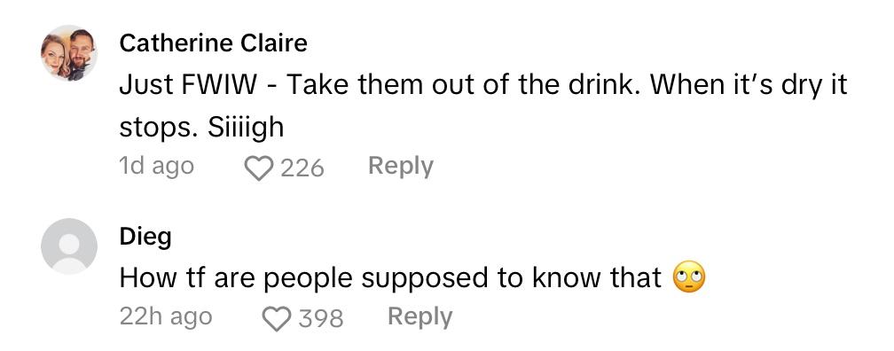 TikTokers comment on viral video about neon flashing ice cubes in 'Wicked'-themed AMC drinks.