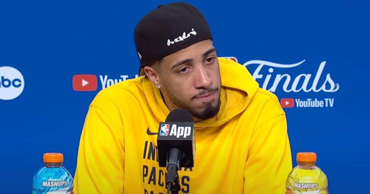 Tyrese Haliburton during a press conference after leg injury.
