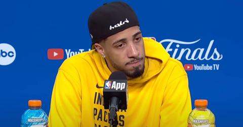 Tyrese Haliburton during a press conference after leg injury.