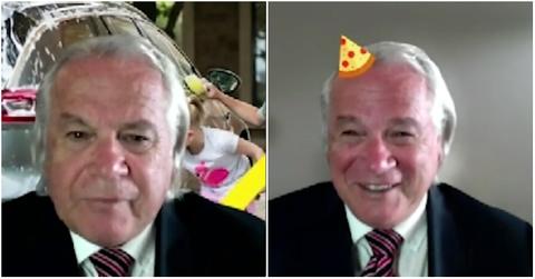 9News TV guest struggling with Zoom background.