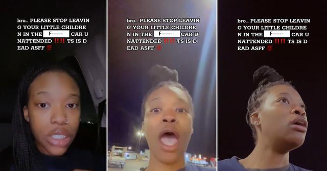 A woman reacts to seeing little kids alone in a car