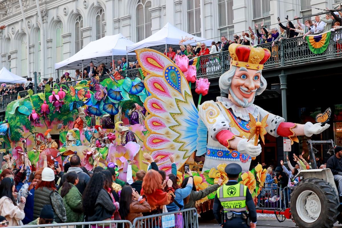 A king float at at a 2024 Mardi Gras parade in New Orleans