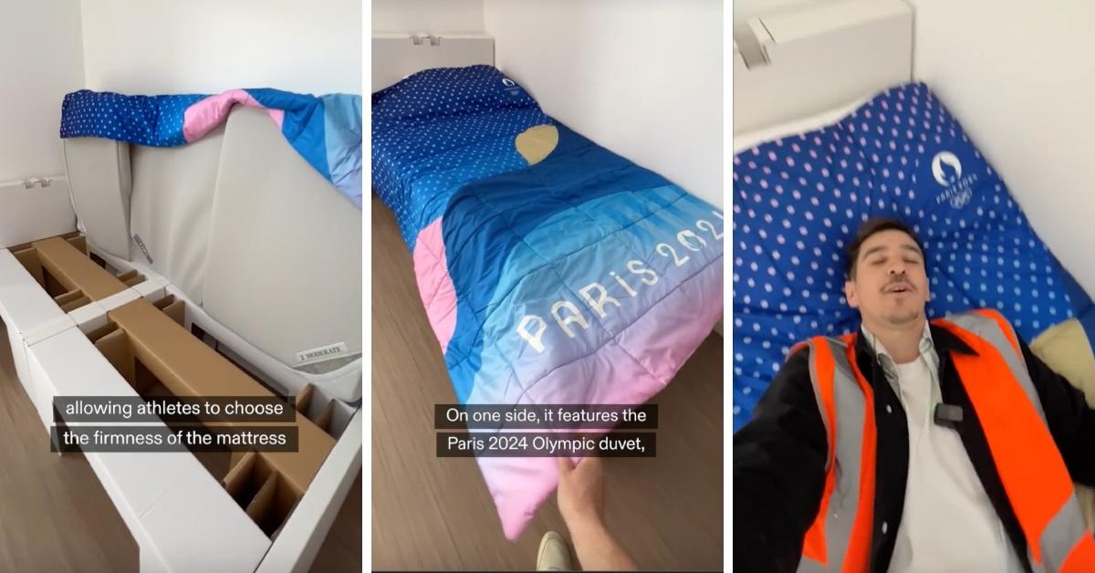 Screenshots of a tiktok showing off the cardboard beds in the Olympic Village