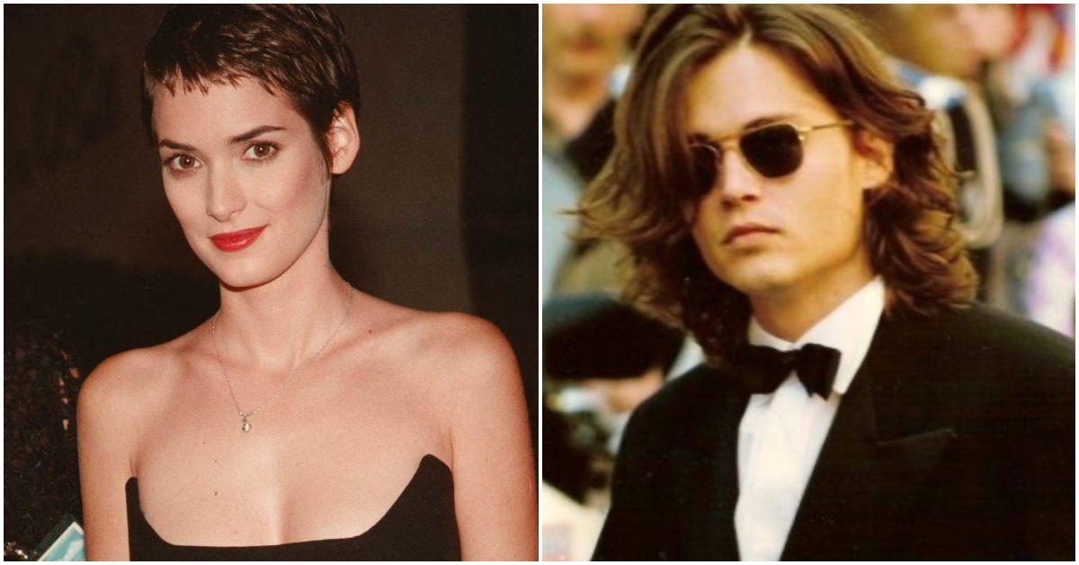 A young Winona Ryder and Johnny Depp at separate events.