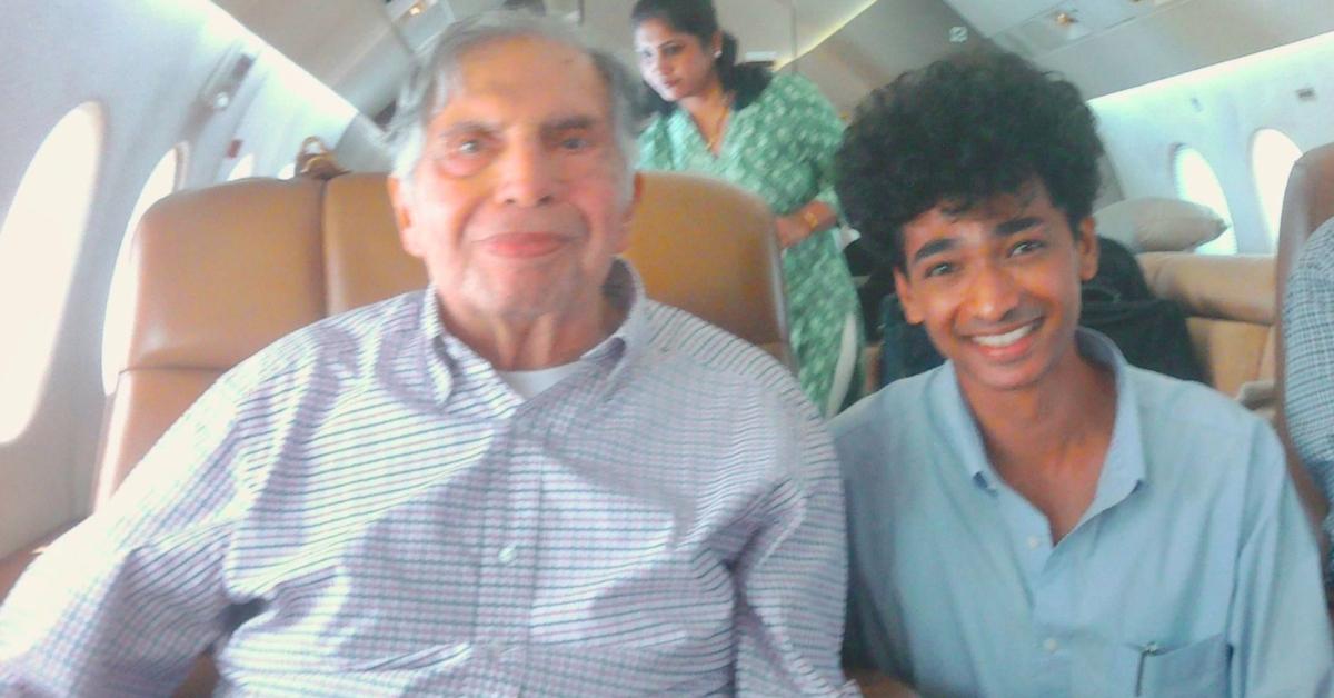 (L-R): Ratan Tata and Shantanu Naidu smile on an airplane