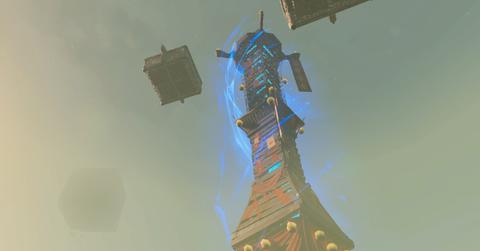 'Tears of the Kingdom' A Skyview Tower wrapped with a blue aura.