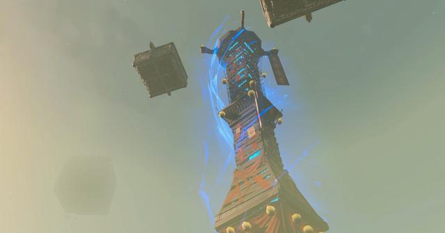 'Tears of the Kingdom' A Skyview Tower wrapped with a blue aura.
