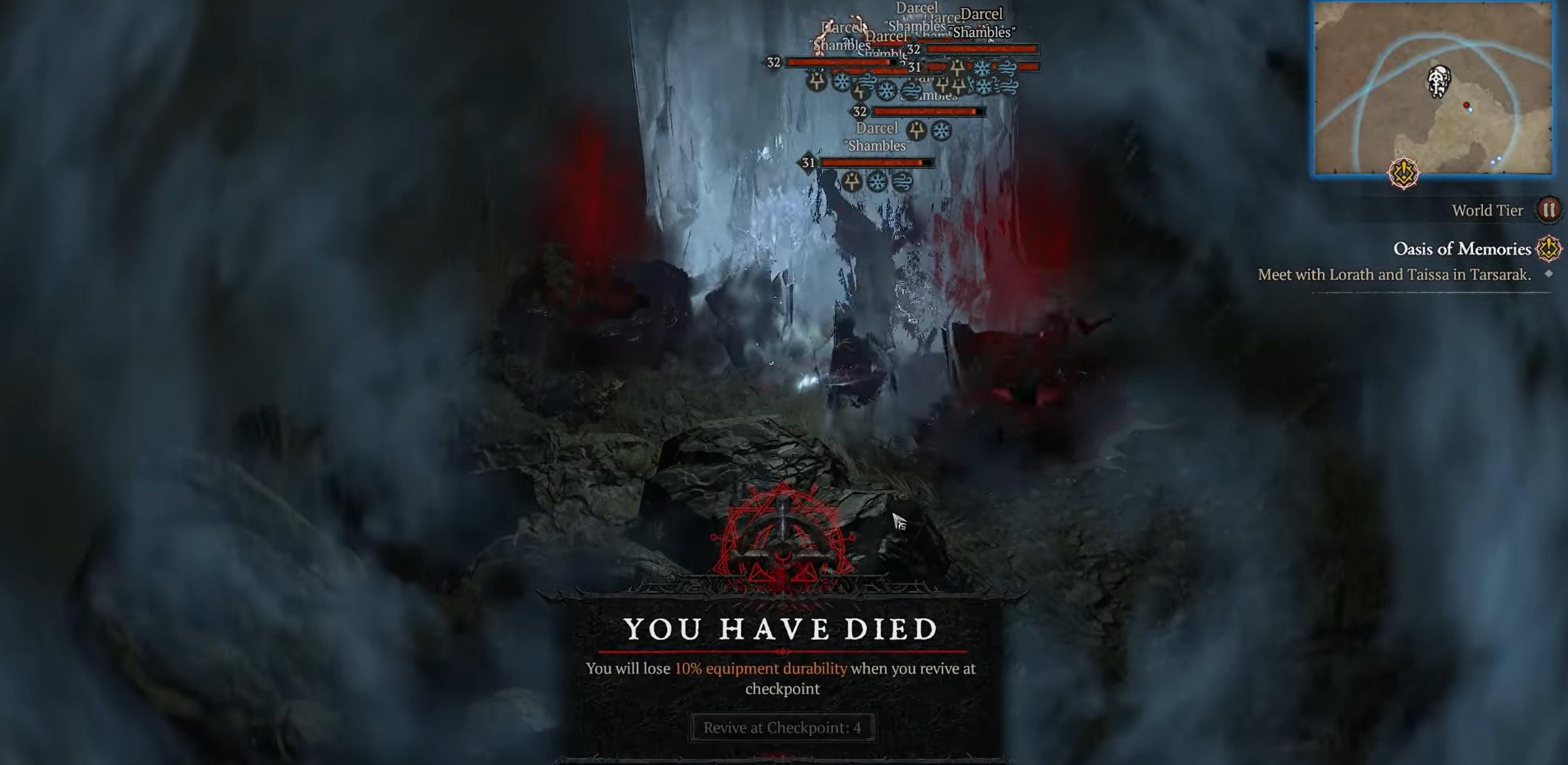 A Diablo IV player eliminated by a horde of Darcels.