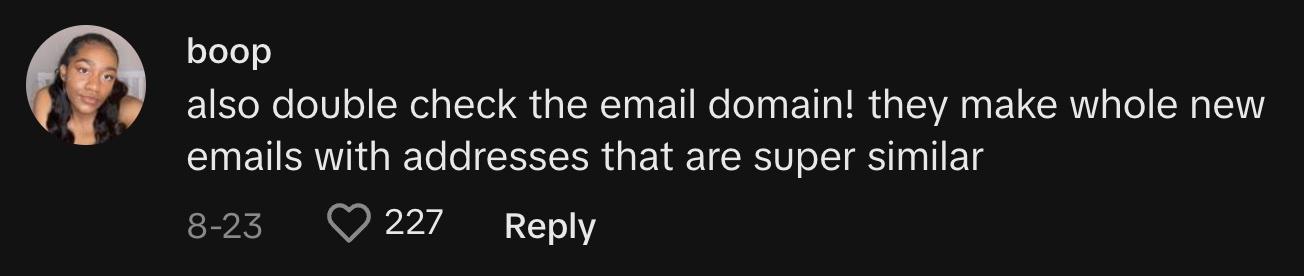 TikToker @jalahjalahjalah commented, "also double check the email domain! they make whole new emails with addresses that are super similar."