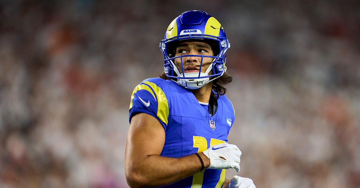 Puka Nacua with his helmet on during a game against the Cincinatti Bengals. 