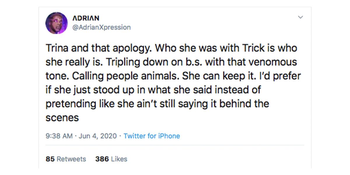 trina apology twitter reaction