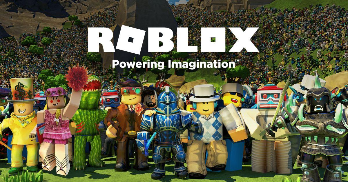 Roblox characters in a field with the Roblox logo above them. 