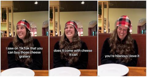 A woman gets excited about buying a cheese grater at Olive Garden