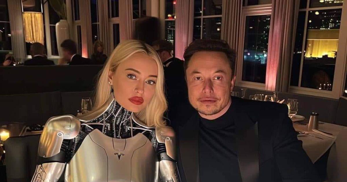 An AI-generated image of Elon Musk sitting with a robot girlfriend. 