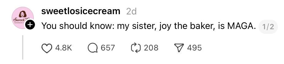 Joy the Baker's sister Lauren claims Joy is MAGA on social media.