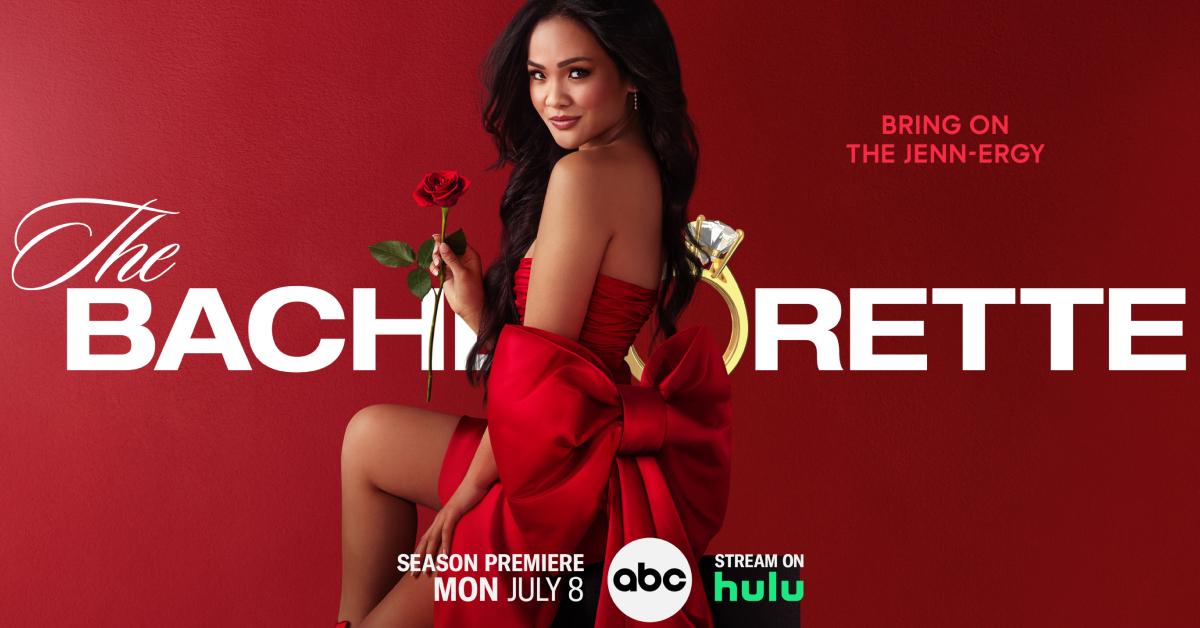 Official key art for Season 21 of 'The Bachelorette' features Jenn Tran wearing a red gown and holding a red rose in her hand.