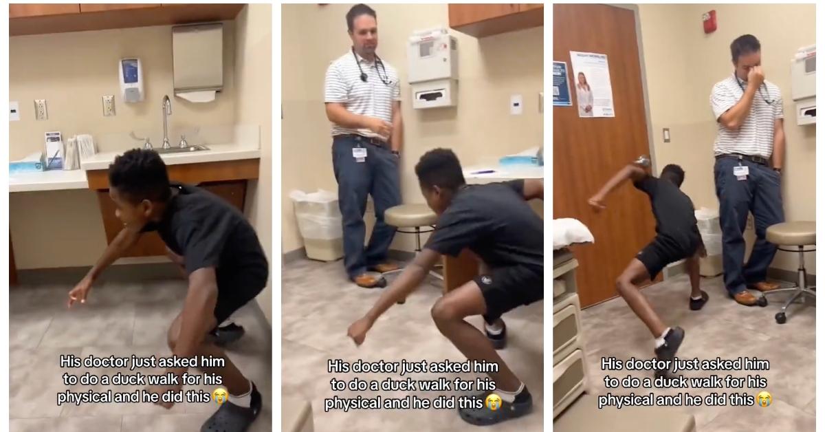 A young boy does a duck walk during his sports physical