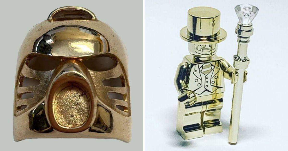 Kanohi Hau mask on the left side with the Mr. Gold Minifigurine on the right