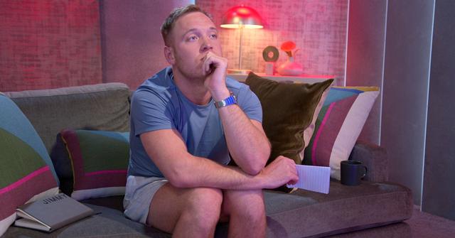 Jimmy Presnell sits on the couch in the 'Love Is Blind' pods with his chin in the palm of his hand and a frustrated expression on his face.