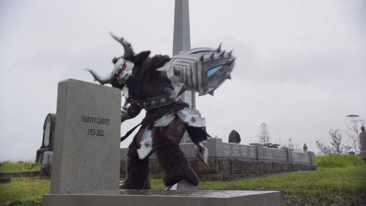 Harvey Garvey's tombstone before it's destroyed by a minotaur