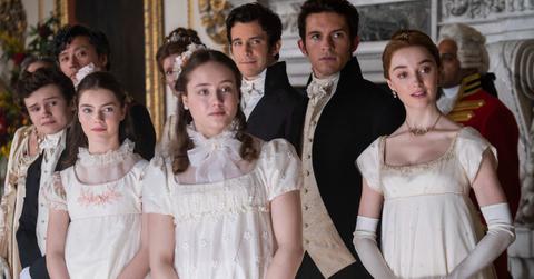 Will Tilston as Gregory Bridgerton, Florence Emilia Hunt as Hyacinth Bridgerton, Ruby Stokes as Francesca Bridgerton, Luke Thompson as Benedict Bridgerton, Jonathan Bailey as Anthony Bridgerton, Phoebe Dyvenor as Daphne Basset in episode 201 of Bridgerton.
