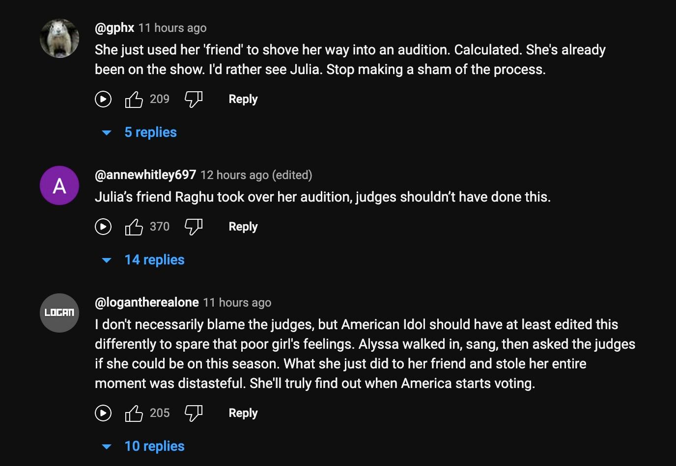 comments about alyssa raghu and julia davo's audition