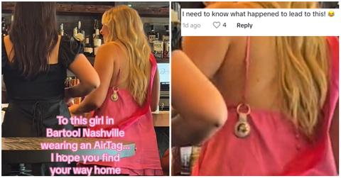 (l-r): woman wearing a pink dress and an AirTag