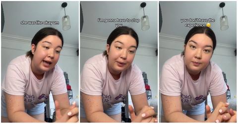 (l-r): A woman in a pink shirt and shorts discussing a job rejection