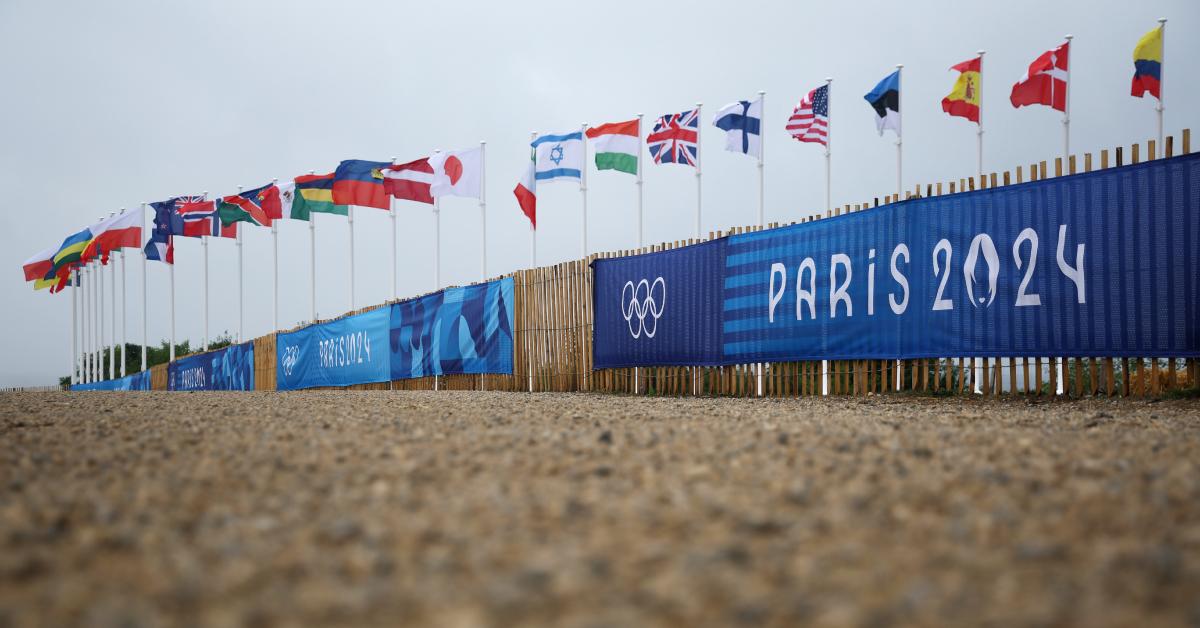 A general view of the national flags of competing countries and the Paris 2024 logo ahead of the Paris Olympic Games.